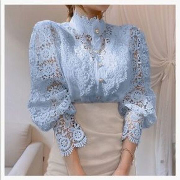 NEW Lace Trim Victorian Button Down Blouse - Picture 1 of 8